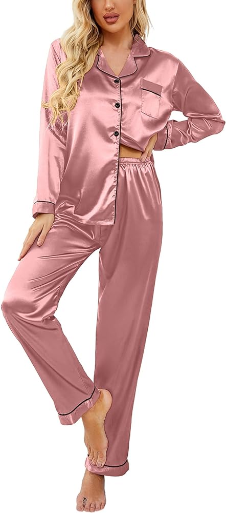 Ekouaer Women's Summer Classic Button Down Long Satin Silk Pajama Set