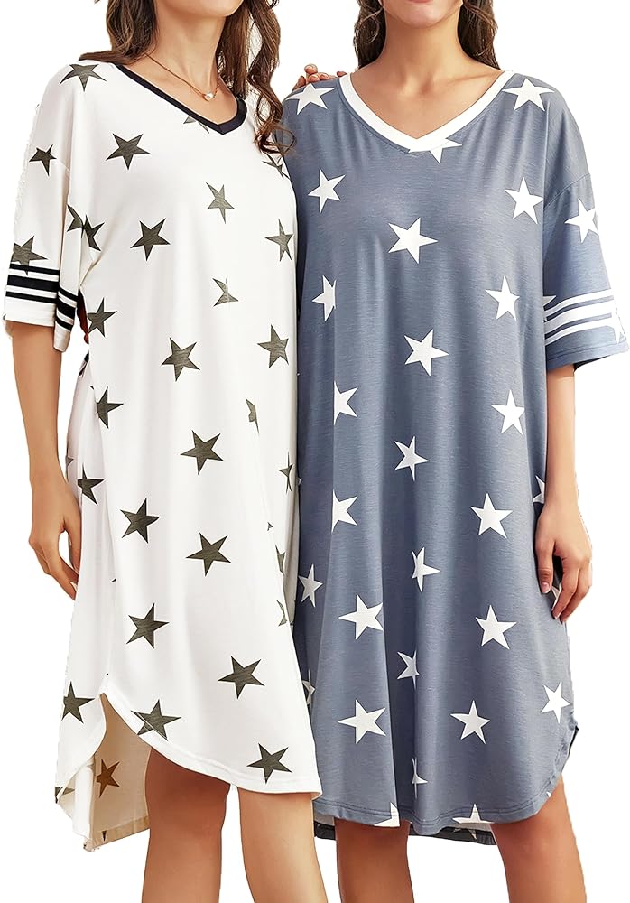 ft FENTENG 2-Pack Nightgowns for Women Sleepwear Loose Short Sleeve Nightdress V Neck Print Sleepshirts Comfy Nightshirt