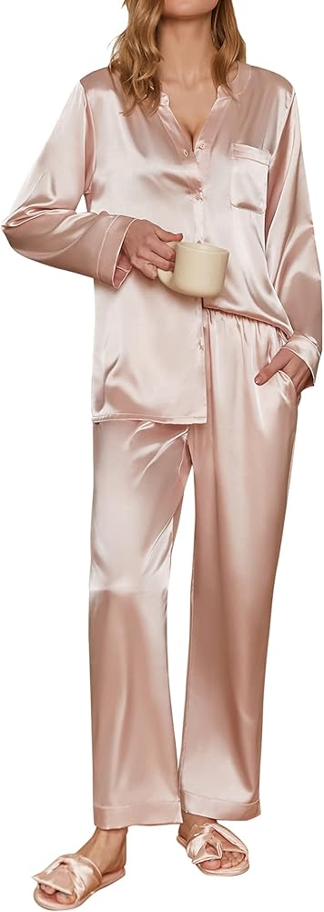 Ekouaer Satin Pajamas Set Women's Long Sleeve Sleepwear Classic Button Down Loungewear V-Neck Silk Pjs with Pockets