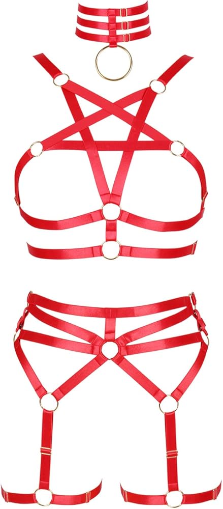 Full Body Harness for Women Garter Belt Set Lingerie Cage Gothic Punk Pentagram Bra Chest Strap Plus Size Festival Rave