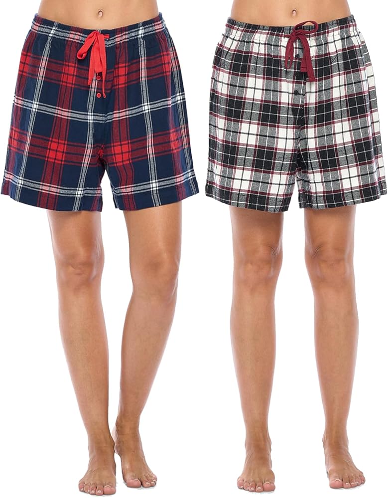 Ashford & Brooks Women's 2 Pack Soft Flannel Plaid Pajama Lounge Shorts Bottoms