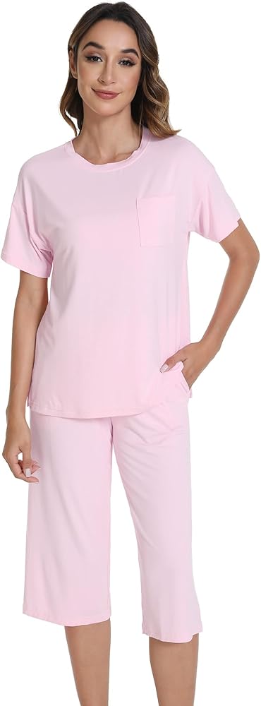 WiWi Viscose from Bamboo Pajamas for Women Crewneck Short Sleeve Loungewear with Capri Pajama S-XXL