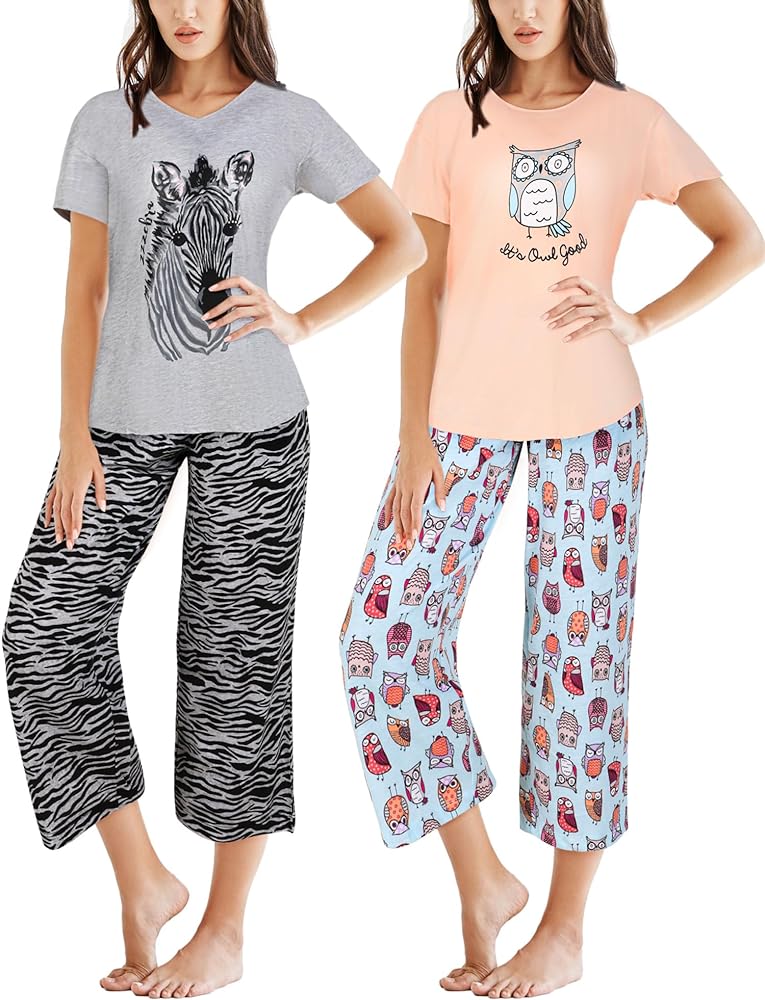 2 Pack Womens Pajama Lounge Set Cotton Short Sleeve Sleepwear Tops and Capri Pants Casual Prints Women Pajama Set