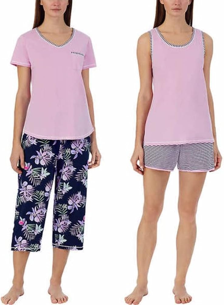 Carole Hochman Women's 4 Piece Pajama Set - Tank Top, Short Sleeve Top, Short, and Capri Pant, Purple Floral, Medium